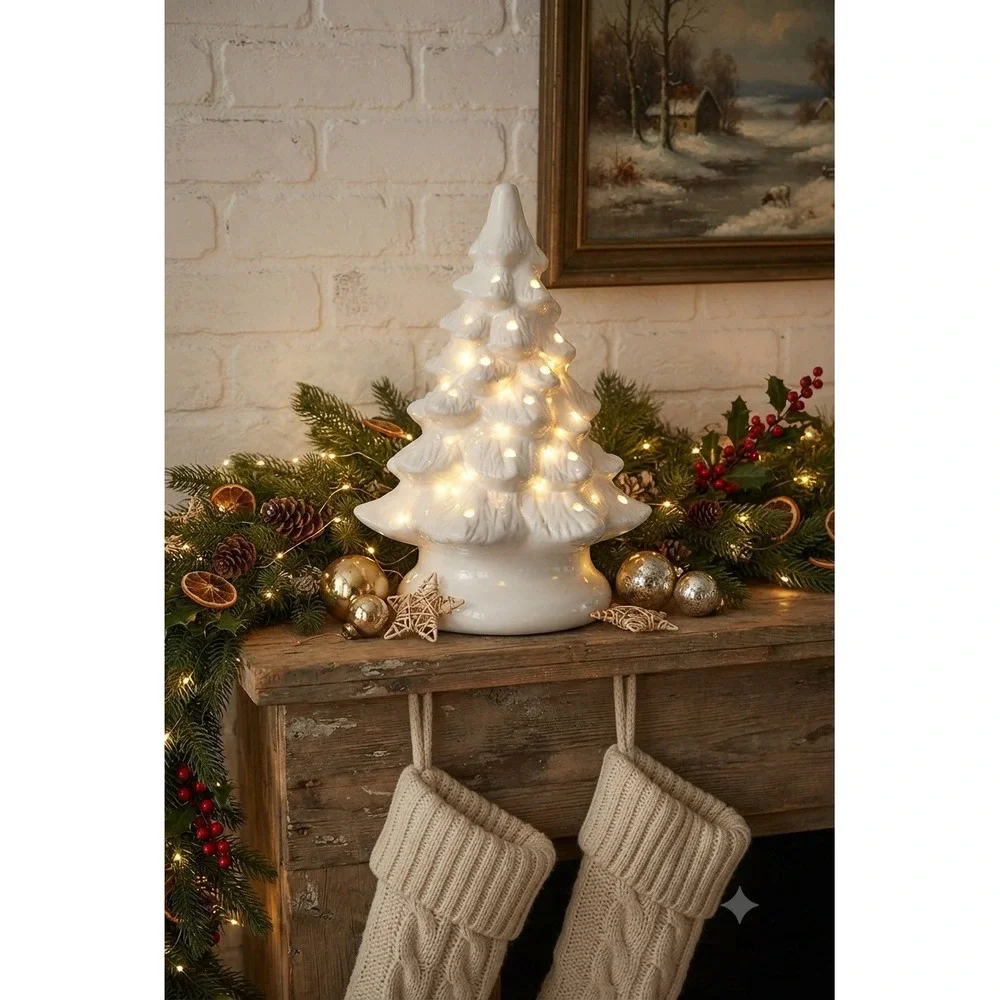 White Ceramic Lighted Christmas Tree 12 Inch Tabletop Holiday Decor Glossy Glaze